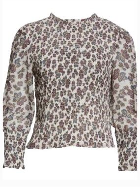 Veronica Beard White Floral Smocked Long-Sleeve Blouse. size 4